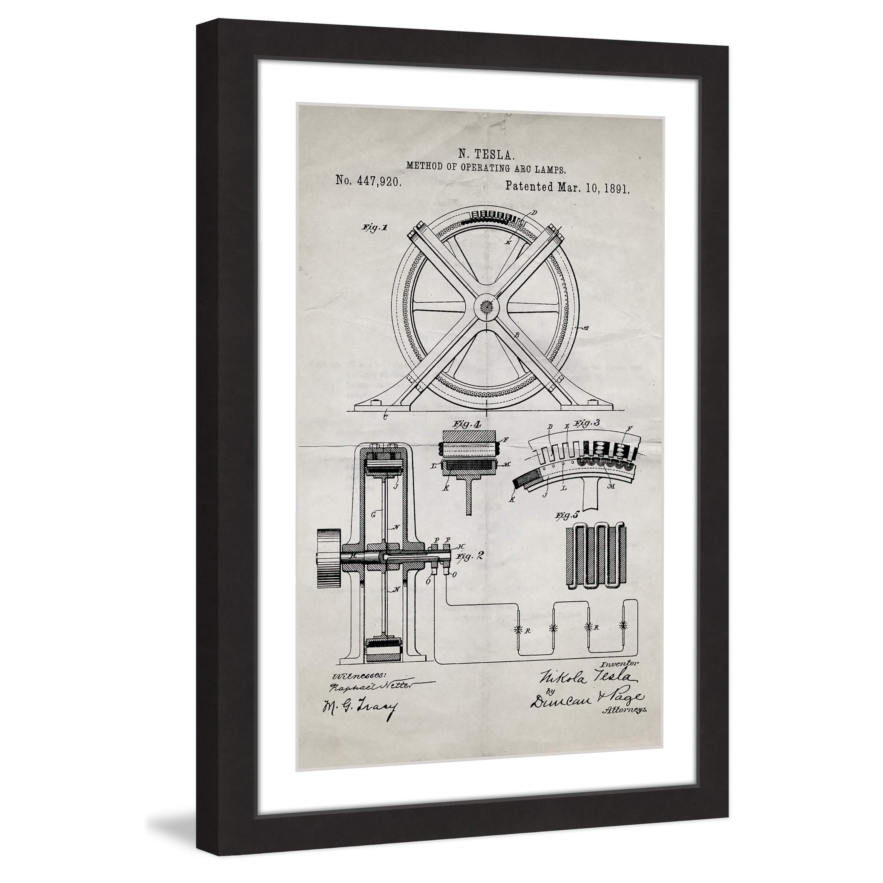 "Tesla Arc Lamp 1891 Old Paper" Framed Painting Print