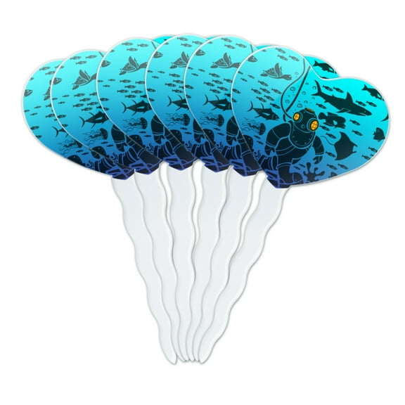 Diver Retro Ocean Sea Diving Heart Love Cupcake Picks Toppers Decoration Set of 6