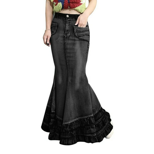 SySea Floor Length Women Slim Washed Long Denim Skirt