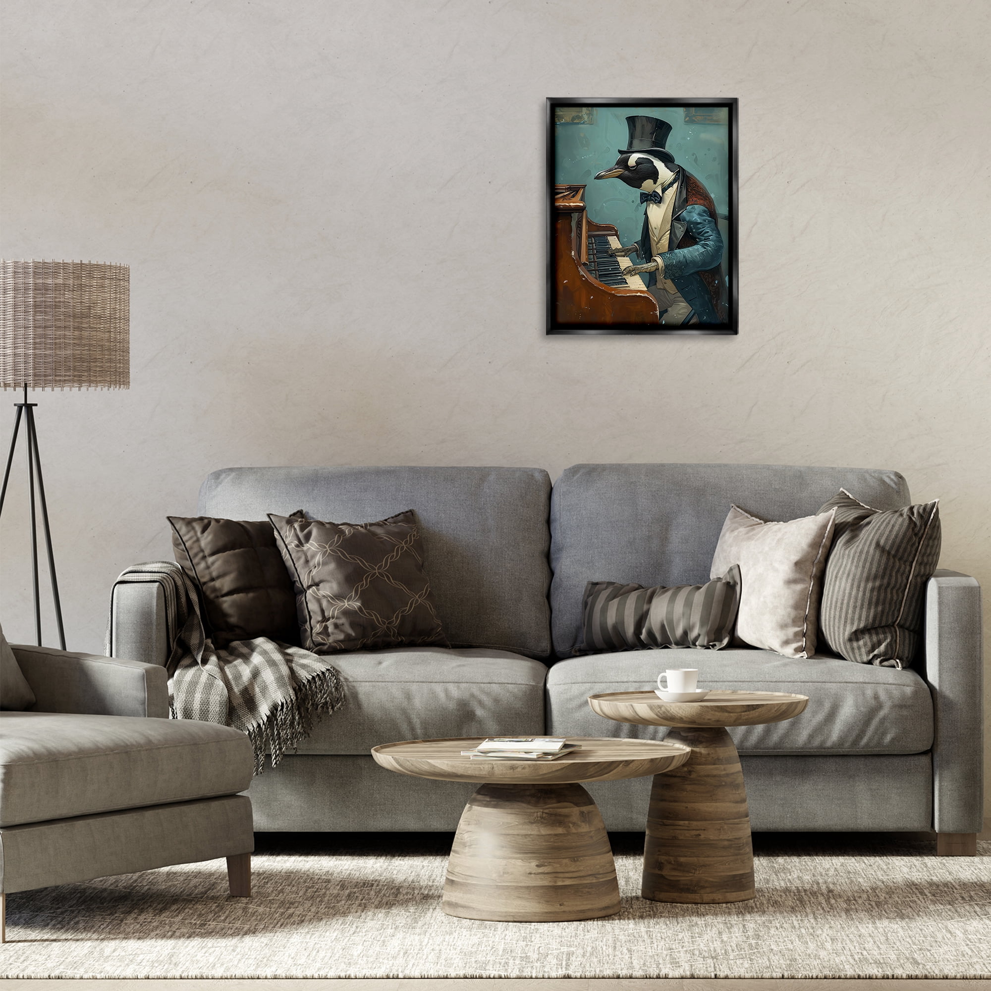 Stupell Industries Piano Playing Penguin Animals & Insects Painting Black Floater Framed Canvas Art Print Wall Art, 17 x 21