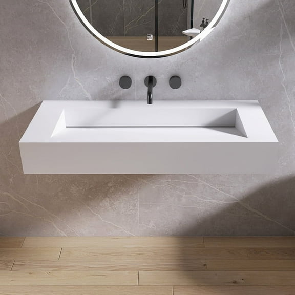 MEDUNJESS 42" Vessel Sink Wall-Mount Bathroom Sink V-Shaped Floating Sink Stone Resin in Matte White