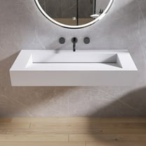 MEDUNJESS 42" Vessel Sink Wall-Mount Bathroom Sink V-Shaped Floating Sink Stone Resin in Matte White