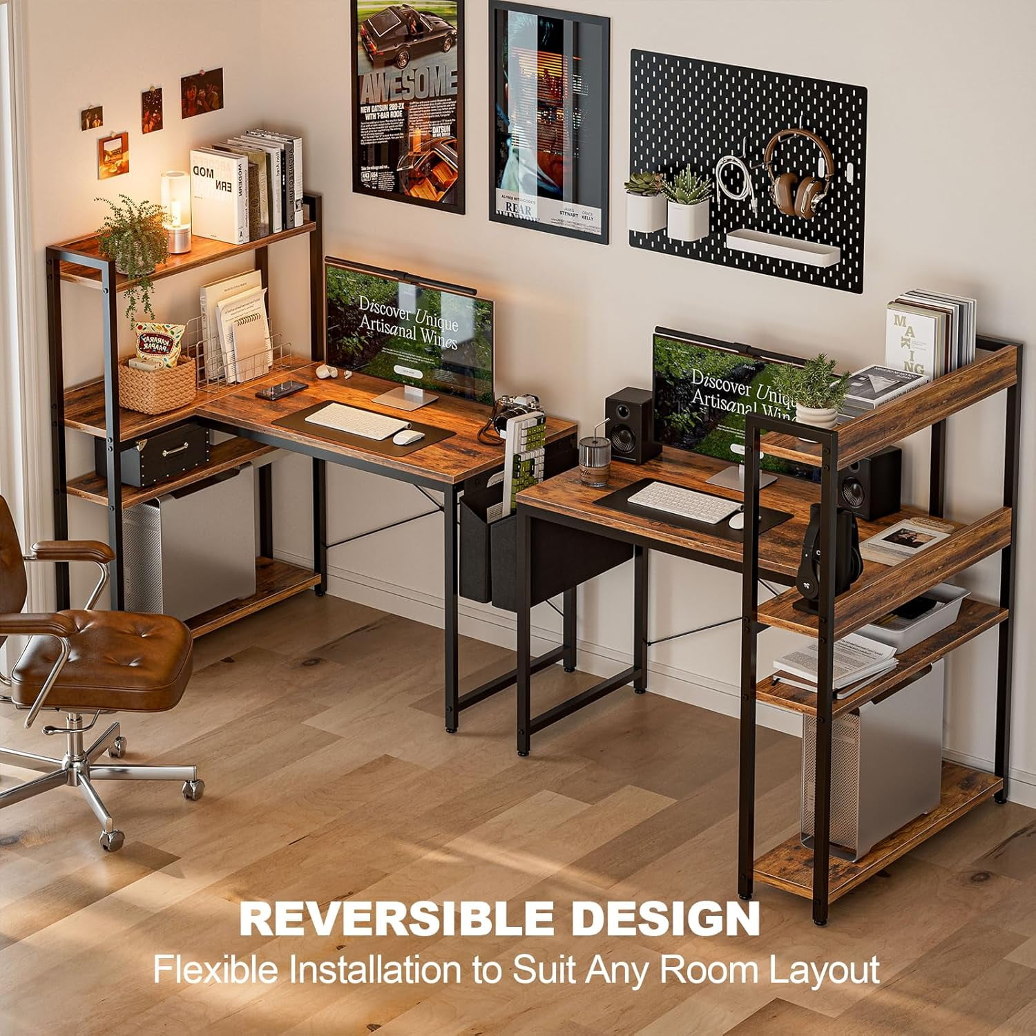 パソコンデスク 40 Inch L Shaped Computer Desk with Reversible Storage Shelves
