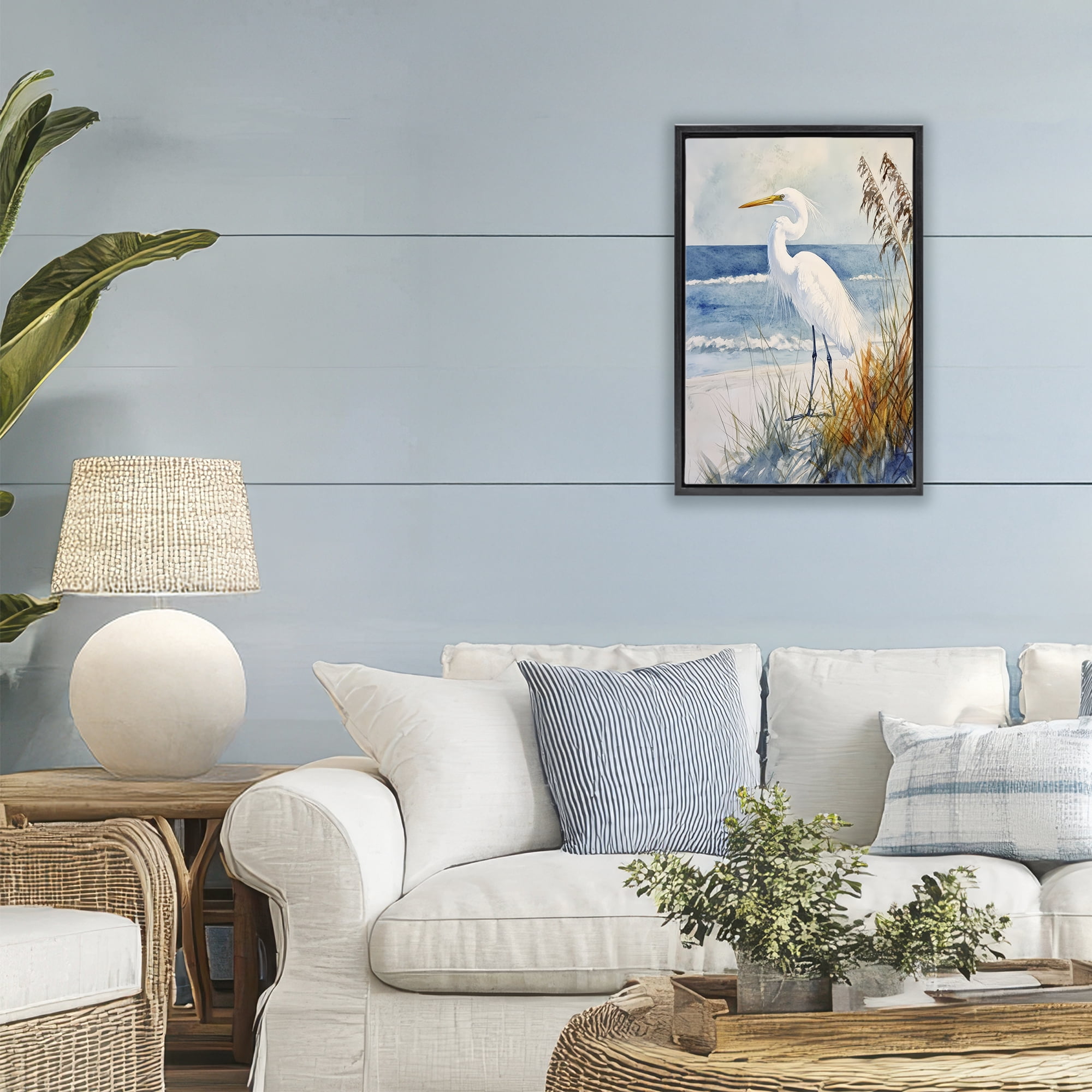 Stupell Industries Egret By The Waves Black Framed Floater Canvas Wall Art, design by Petal Prints Design