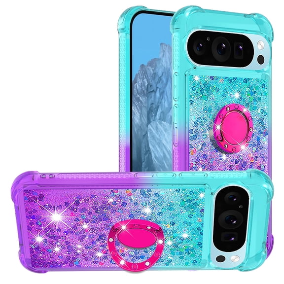 Phone Case for Google Pixel 10/Pixel 10 Pro Case with Ring Kickstand, Cute Glitter Bling Sparkle Quicksand Flowing Liquid Clear Gel Silicone ShockProof Phone Cover-B1