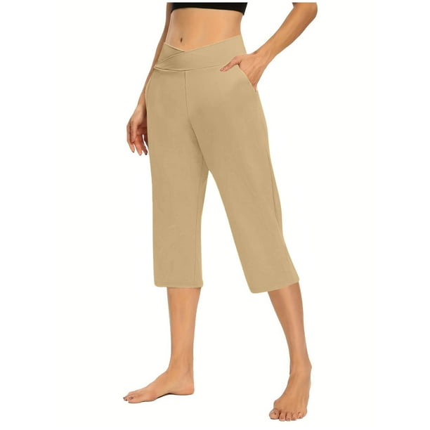 Pantalones Elásticos de la Cintura para las Mujeres Sólidos Recortados Elásticos Elegantes, Pantalones de Bolsillo Casuales para el Uso Diario de Primavera Verano, Tela de Poliéster