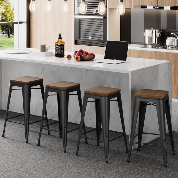 Alunaune 30" Metal Counter Height Bar Stools Set of 4 Backless Stackable Industrial Kitchen Patio Stool Bar Chairs with Wooden Seat-Rusty