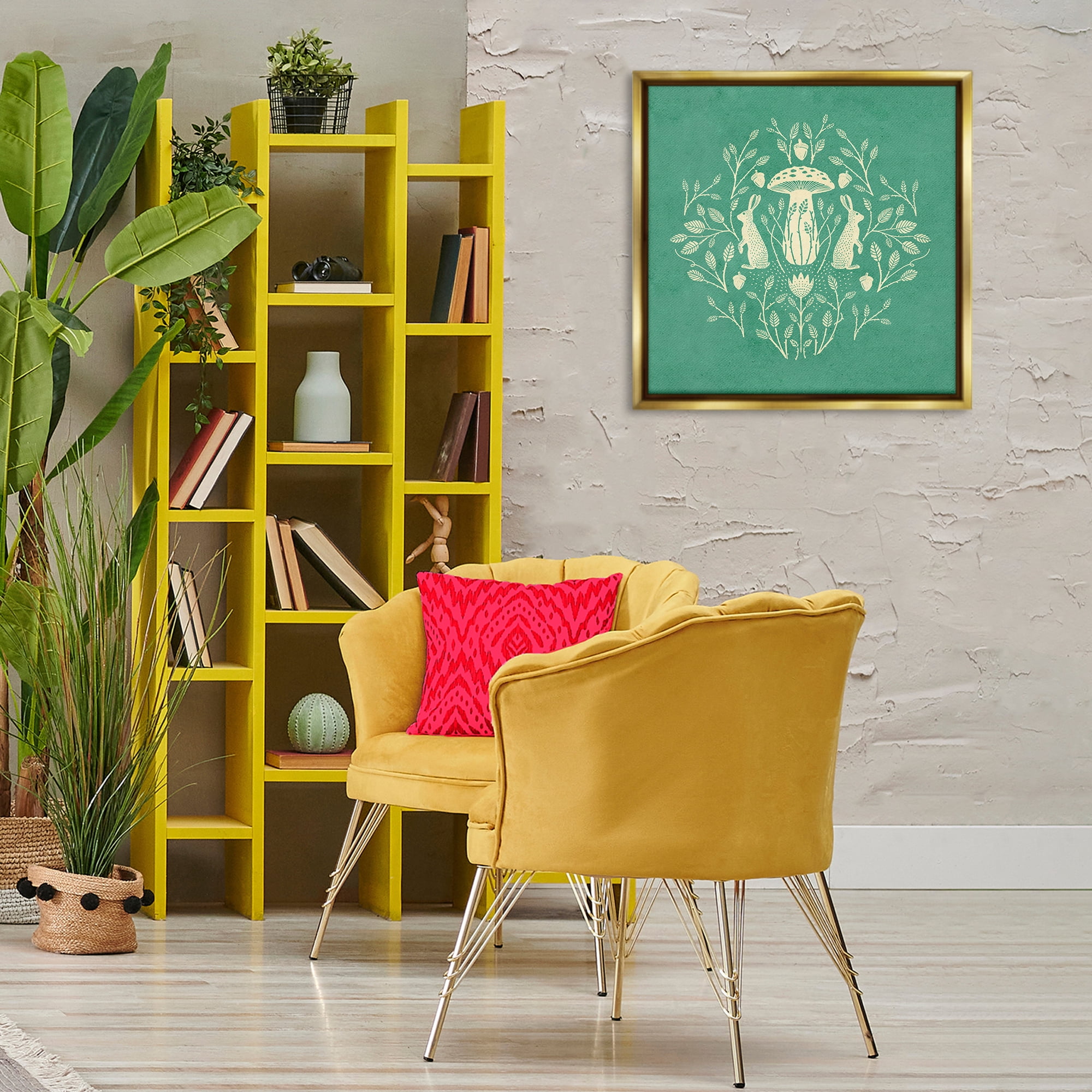 Stupell Industries Floral Herbs with Rabbits Plants & Flowers Painting Gold Floater Framed Canvas Art Print Wall Art, 25 x 25