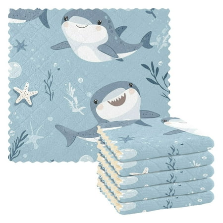 

6 Pieces of Kitchen Towels 11x11Inch Kitchen Dish Cloths Kitchen Dish Towels Reuseable Cleaning Cloths Super Cute Cartoon Shark