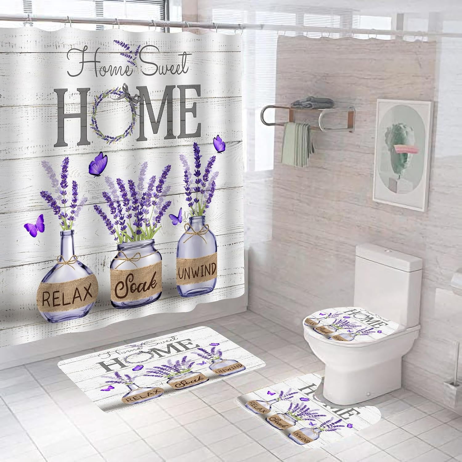 4 PCS Purple Lavender Shower Curtain Sets Home Sweet Bathroom Set with Shower Curtain and Rugs and Accessories Farmhouse Country Shower Curtain Bathroom Decor with 12 Hooks 72 X 72 Inch