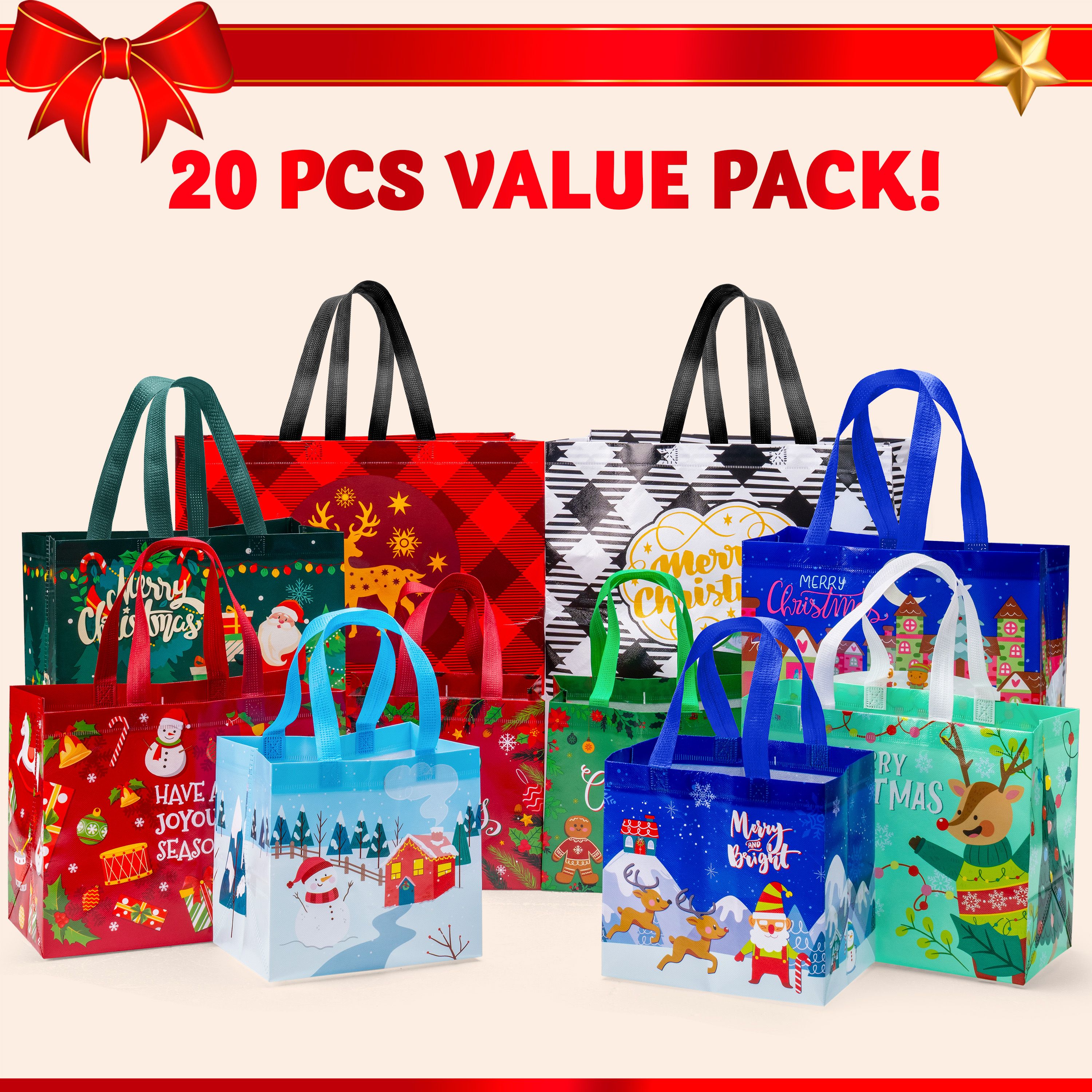 Joyfy 20-Piece Christmas Reusable Non-Woven Tote Bags, Assorted Sizes photo 5