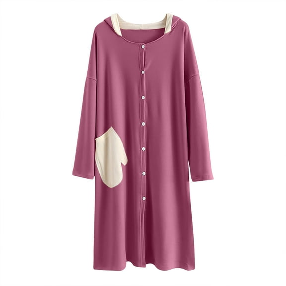 AherBiu Womens Pajamas Night Gowns Button Down Dress Sleepshirt Long Sleeve Hooded Housecoats Loungewear