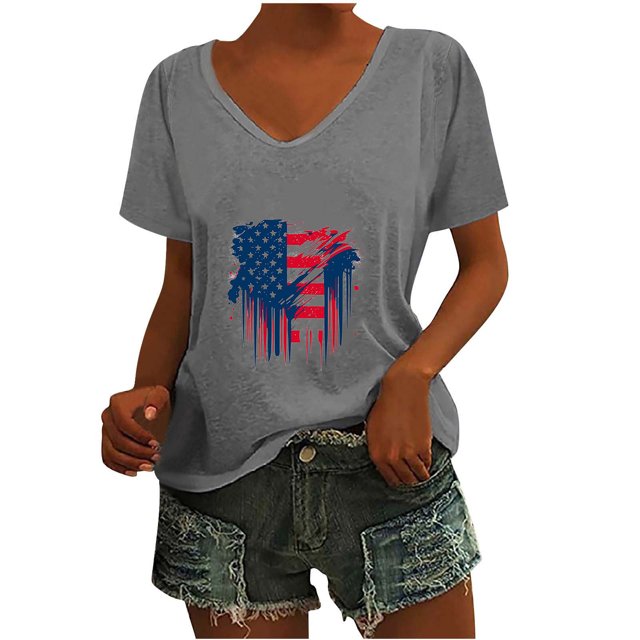 Camisetas Casuales de las Mujeres Gradiente Día de la Independencia Impreso Cuello Redondo, Blusa de Manga Corta para Diario, Fiesta Y Primavera Verano