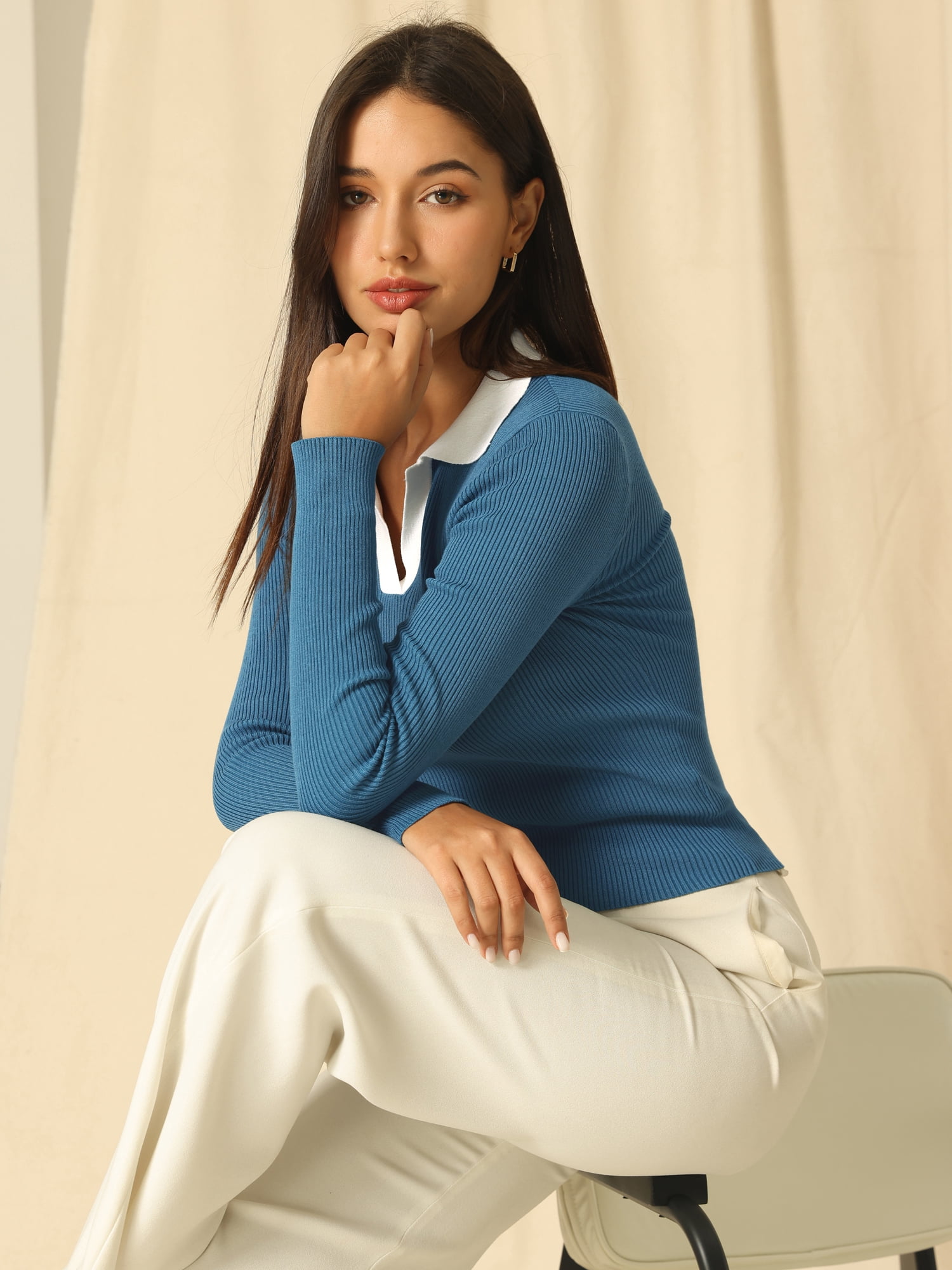Unique Bargains Women's Polo Sweater Top V Neck Long Sleeve Ribbed Knit T Shirt S Blue