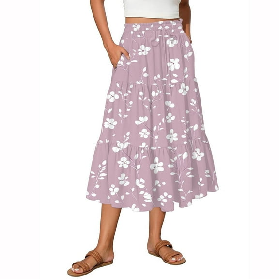 Women’s High Waist Tiered A Line Midi Skirt with Elastic Waistband and Floral Print Suitable for Daily Wear and Outings Pink 2XL
