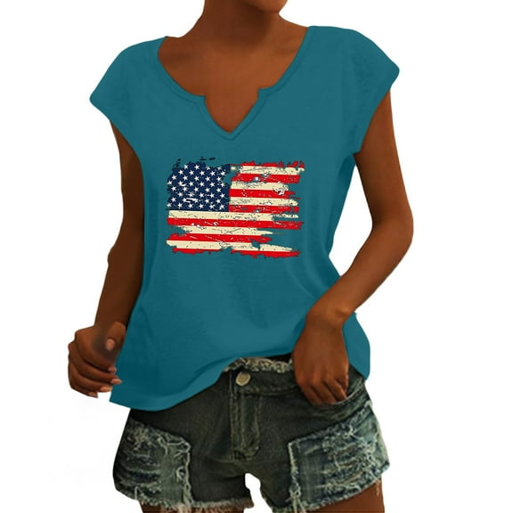 HEILAU 4th of July Shirts for Women Independence Day American Flag Graphic Tees Patriotic Summer Tops Loose Fit Casual V Neck Cap Sleeve T Shirt