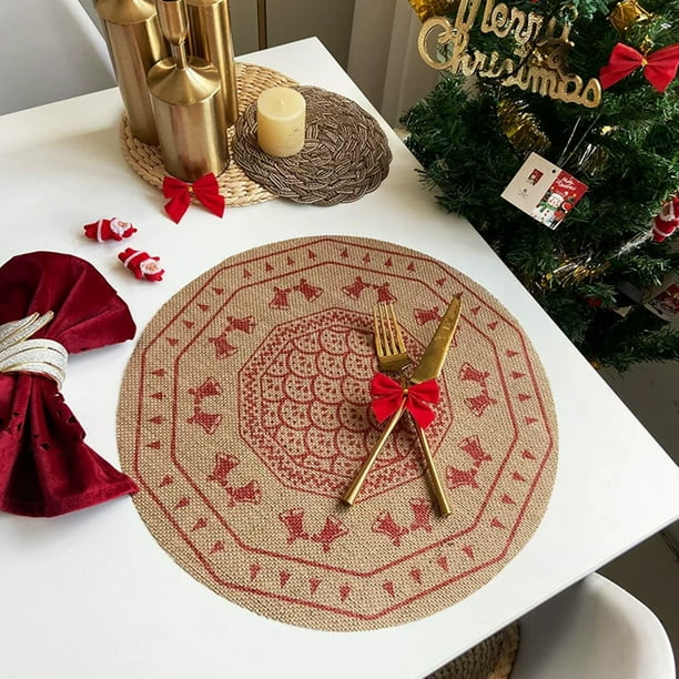 Mantel Individual Navideño Redondo Tejido de Nailon Rojo con Diseño de Reno y Copos de Nieve, 14,9 Pulgadas, Resistente Al Calor, Protector de Mesa Festivo, Tapete de Cocina para Reuniones Familiares