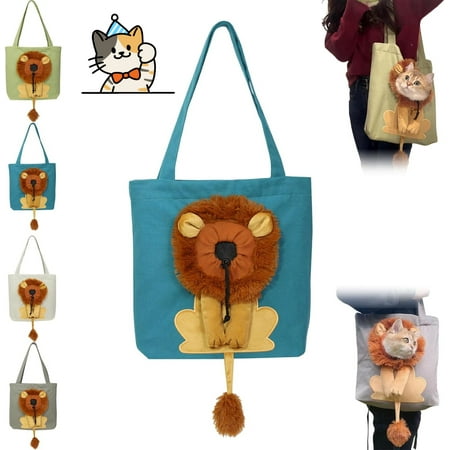 Lion Shaped Dog Bag  Cat Carrier Tote Bag with Lion Face Hole  Large Capacity Breathable Pet Canvas Shoulder Bag for Small Pets (Blue  Large)