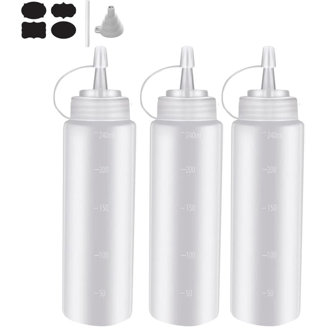 3 Pcs Botellas de Plástico Exprimibles, Botellas Multiusos para Salsa de Tomate, Condimentos, Salsa de Barbacoa, Jarabes y Más, Incluye 1 Embudo de Silicona, 4 Etiquetas y 1 Bolígrafo