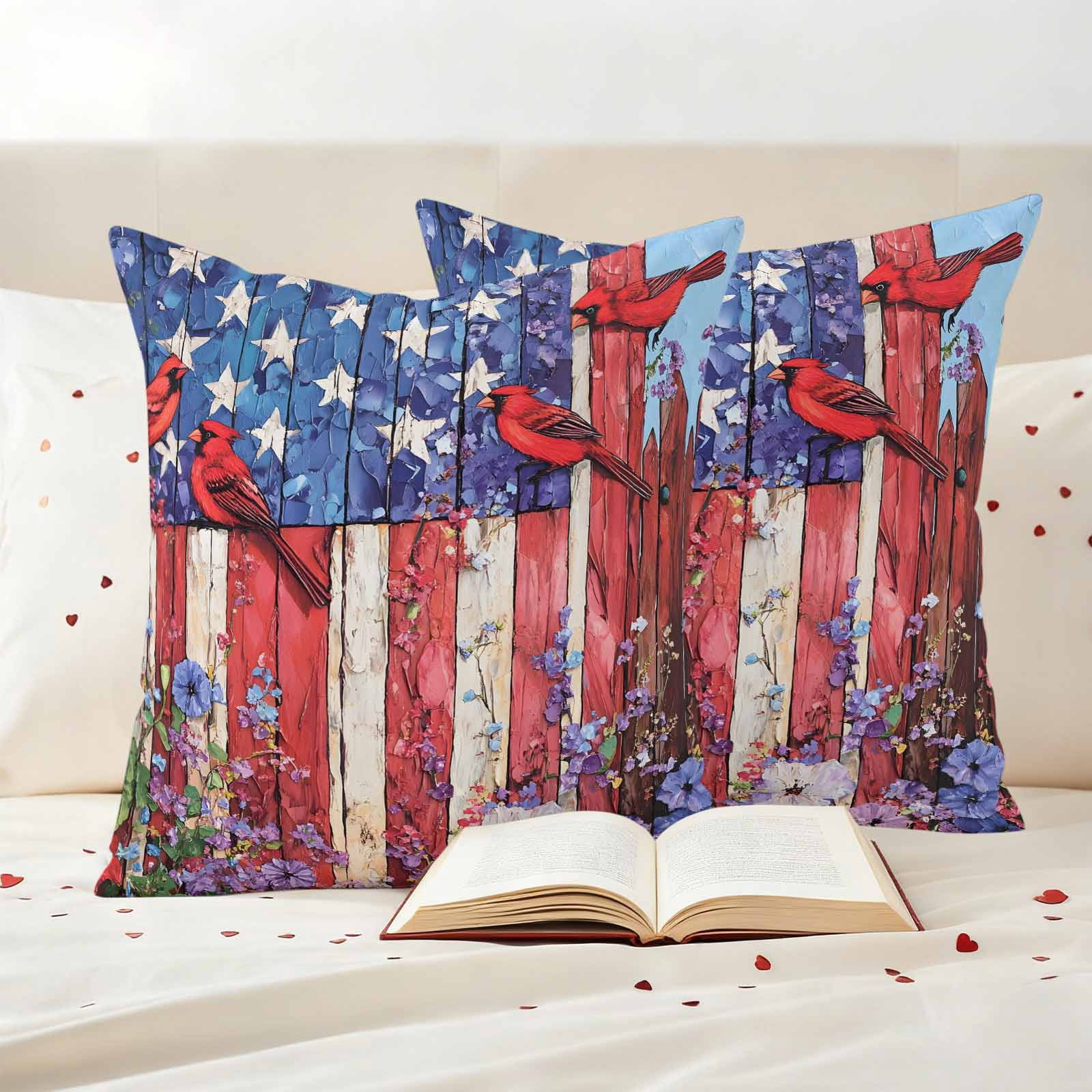 Cardinal Bird Flower Pillow Covers 2 Pack 4th of July Pillowcase Waterproof Outdoor Throw Pillow Cover for Patio Garden Square Cushion 18”x18”