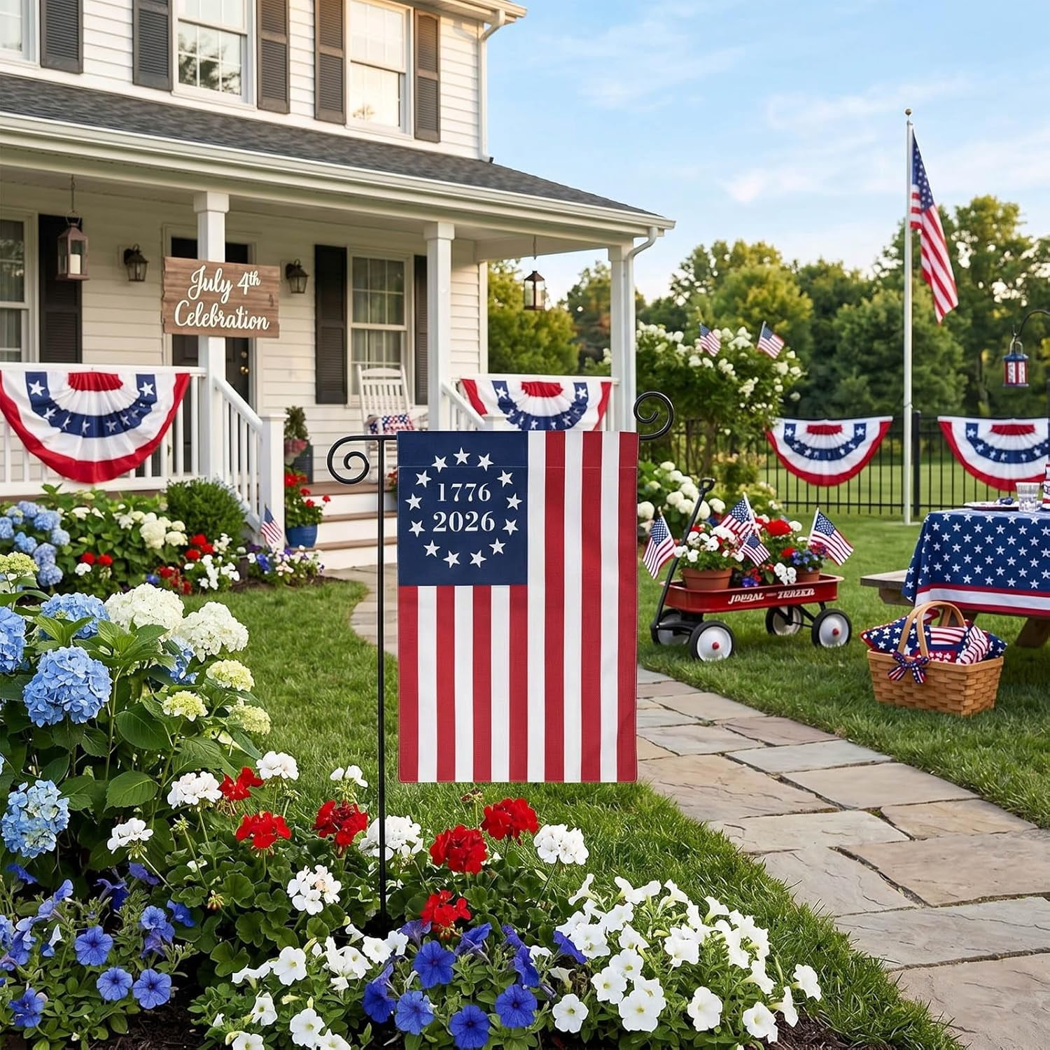 TOPFLAGS Bunting Flags American Flag Bunting 3x6 Ft Embroidered USA Pleated Fan Flag Patriotic Buntings for Outside Memorial Day 4th of July USA 250th Anniversary Decorations