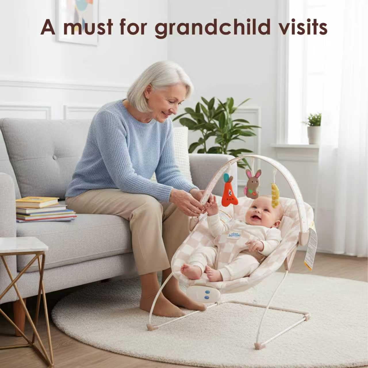 Tiny Marvels Baby Bouncer Seat with Soothing Vibrations and Music Sensory Toy, Age 0-6 Months(Sand Checks)