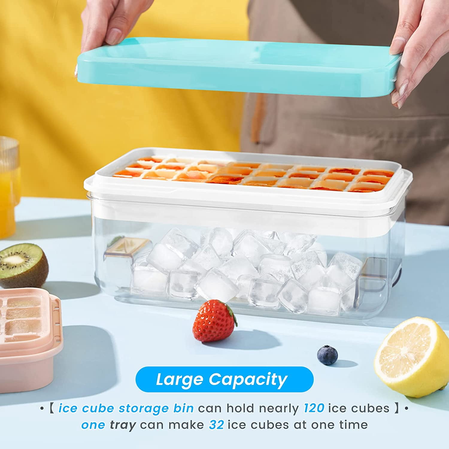Ice Cube Tray with Lid and Bin, 32 pcs Ice Cubes Molds, Ice Trays for Freezer, Ice Cube Tray Mold, with 1 Tray, Ice Freezer Container, Spill-Resistant Removable Lid & Ice Scoop, for Whiskey,Cocktail