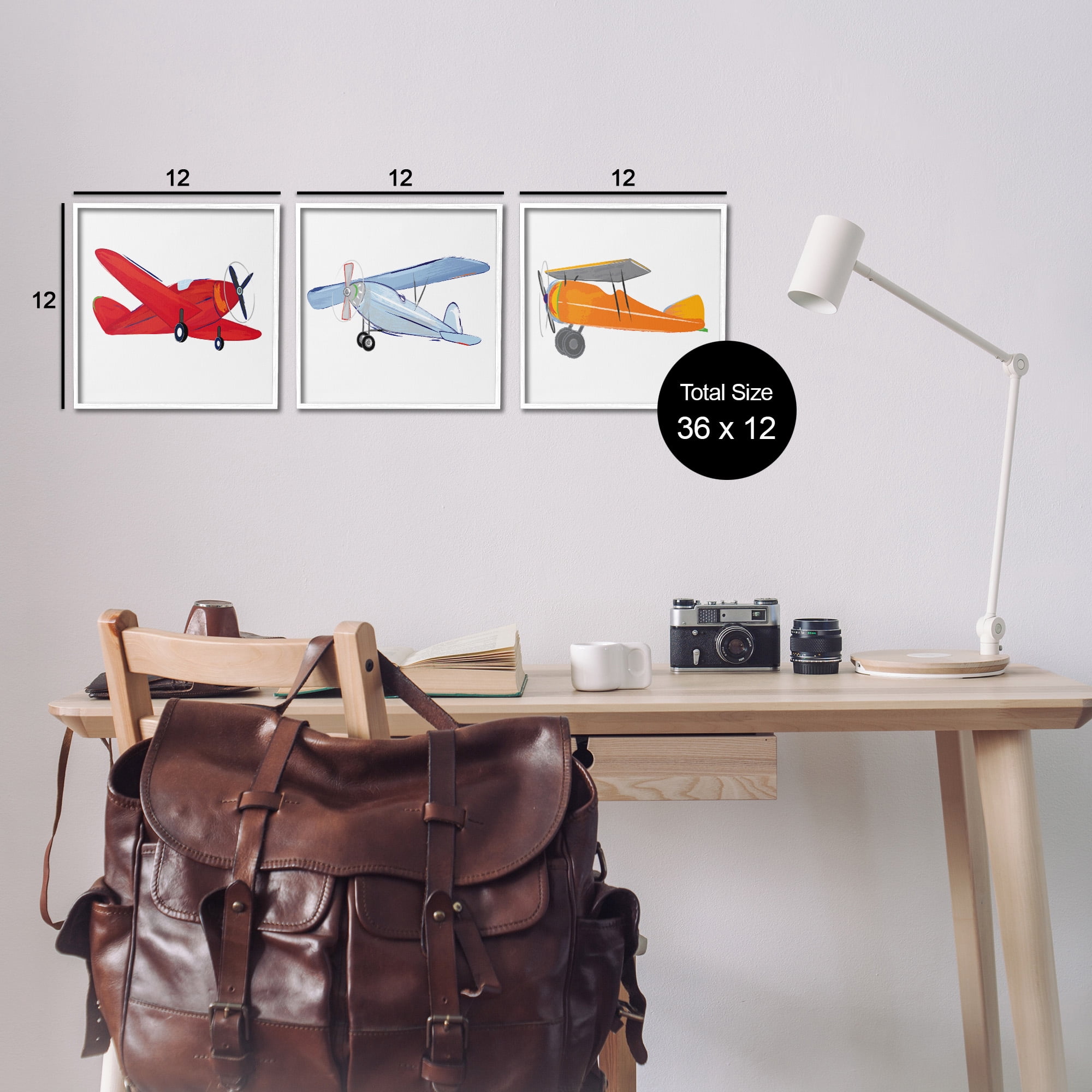 Stupell Industries Triple Colorful Airplanes Drawing Art for Kids Painting White Framed Art Print Wall Art, 12 x 12, Set of 3
