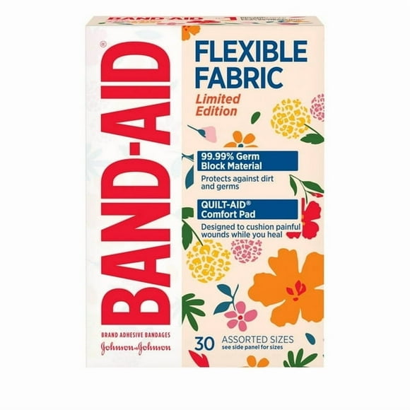 Band-Aid Flexible Fabric Wildflower Bandages, First-Aid, Wound Care Dressing, Healing, Injury Adhesive Wound Cover, 30 bandages