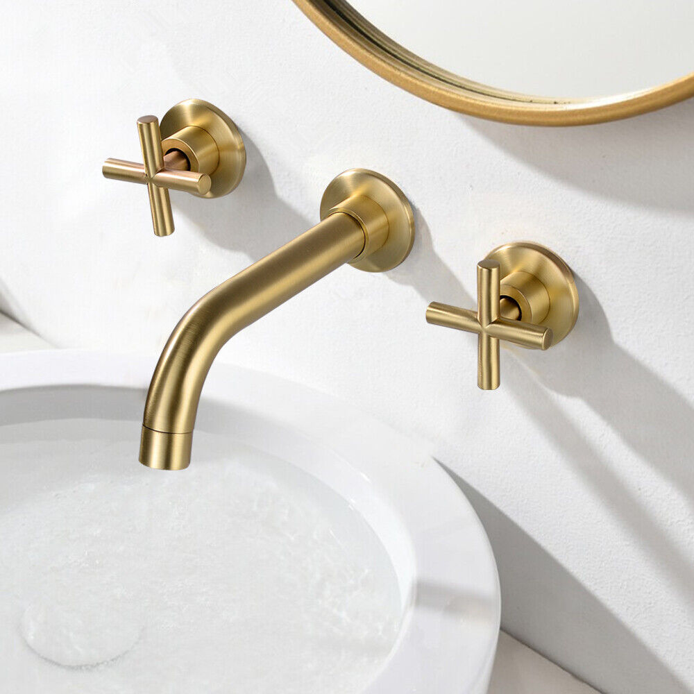 Bathroom Faucet Wall Mounted Brass Sink Brass Mixer 2-Handles Tap 3-Hole Gold