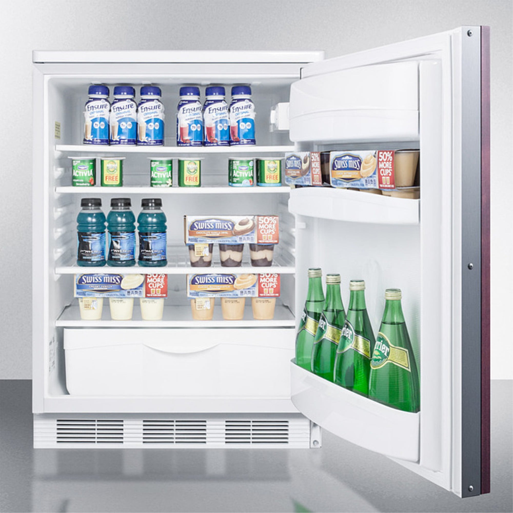 Commercially approved built-in undercounter all-refrigerator with auto defrost, deluxe interior, and front lock; capable of accepting full overlay panels