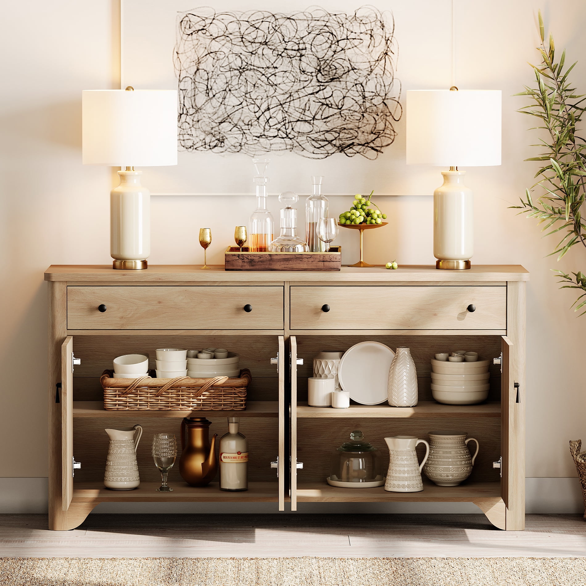WAMPAT 59" Farmhouse Sideboard Buffet Cabinet with 3-Drawer Dresser Set of 2,Wood Coffee Bar Cabinet with Storage for Bedroom,Kitchen,Entryway,Hallway,and Living Room,Oak