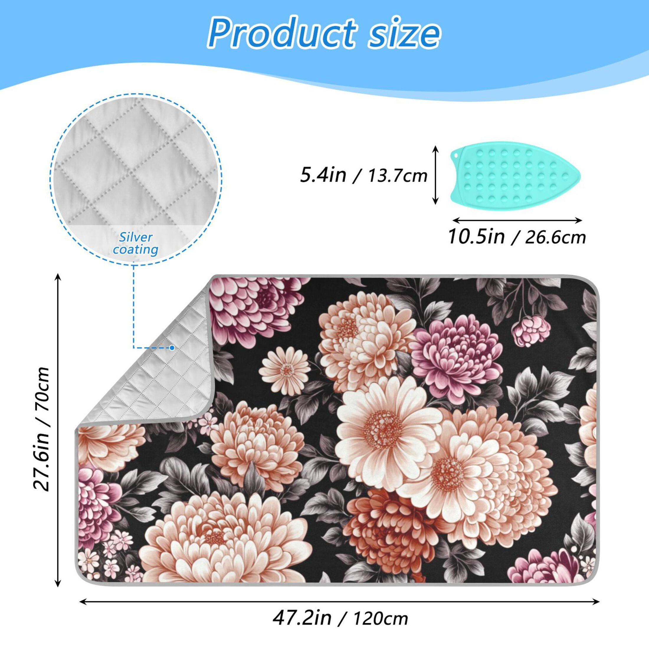 Floral Pattern on Black Ironing Mat Blanket for Table Top Travel Portable Ironing Board Pad 47.2x27.6 Inch