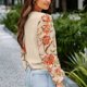 thumbnail image 3 of Suéter de mujer con estampado de empalme, manga acampanada, cuello redondo, informal, Jersey de punto para mujer, Top para Otoño Invierno, color caqui XL, 3 of 6