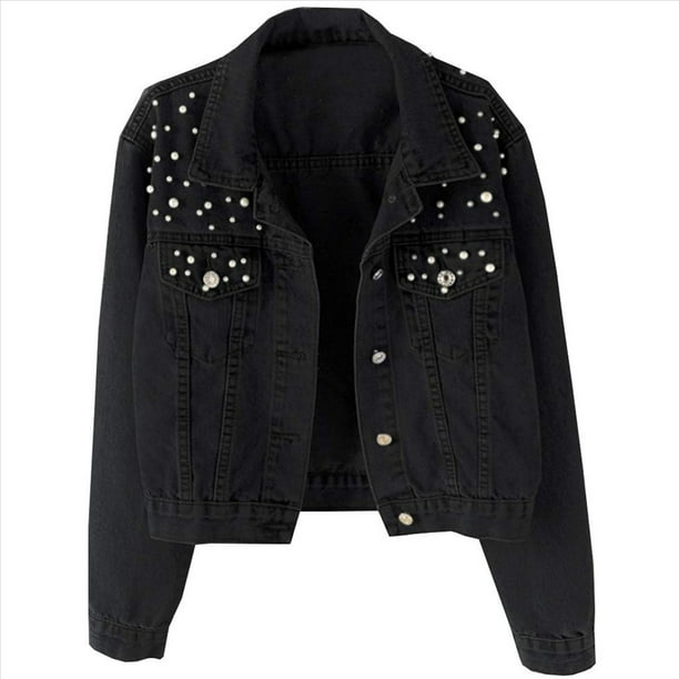 Chaqueta Vaquera Extragrande para Mujer con Perlas Bordadas y Abalorios Negro XL