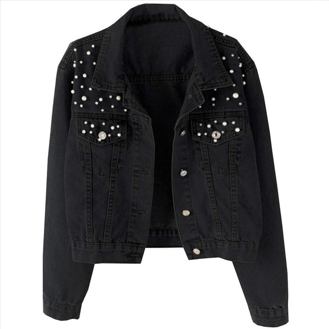 Chaqueta Vaquera Extragrande para Mujer con Perlas Bordadas y Abalorios Negro XL
