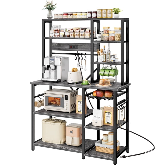 Amadwell 39.4" Large Bakers Rack, 6-Tier Microwave Stand with Power Outlets, Kitchen Shelf with Wire Basket