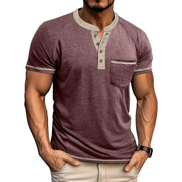 Tops para hombre, blusas y camisas de manga corta y cuello redondo para hombre, blusas casuales de color liso con bolsillos y botones, manga raglán, cuello vuelto y manga corta, blusas de poliéster pa