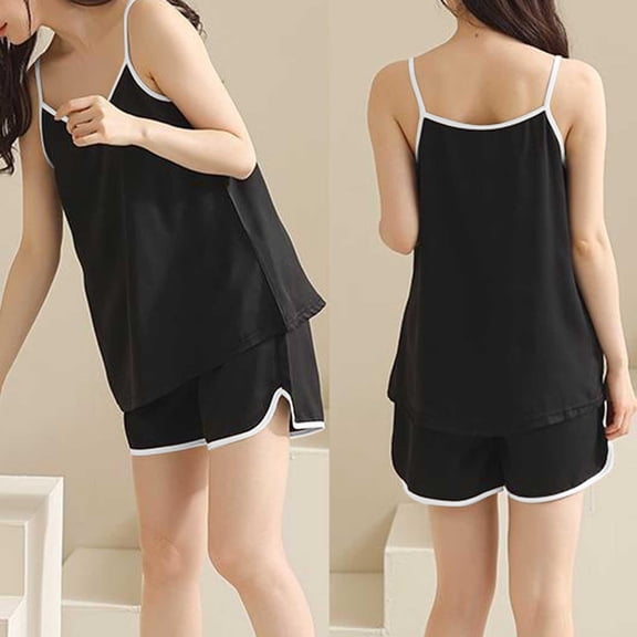 Karight Sleepwear for Womens Straps Tank Top Shorts 2 Piece Pajamas Lace Faux Silk Nightgowns Plain Match Thin Pjs Sets