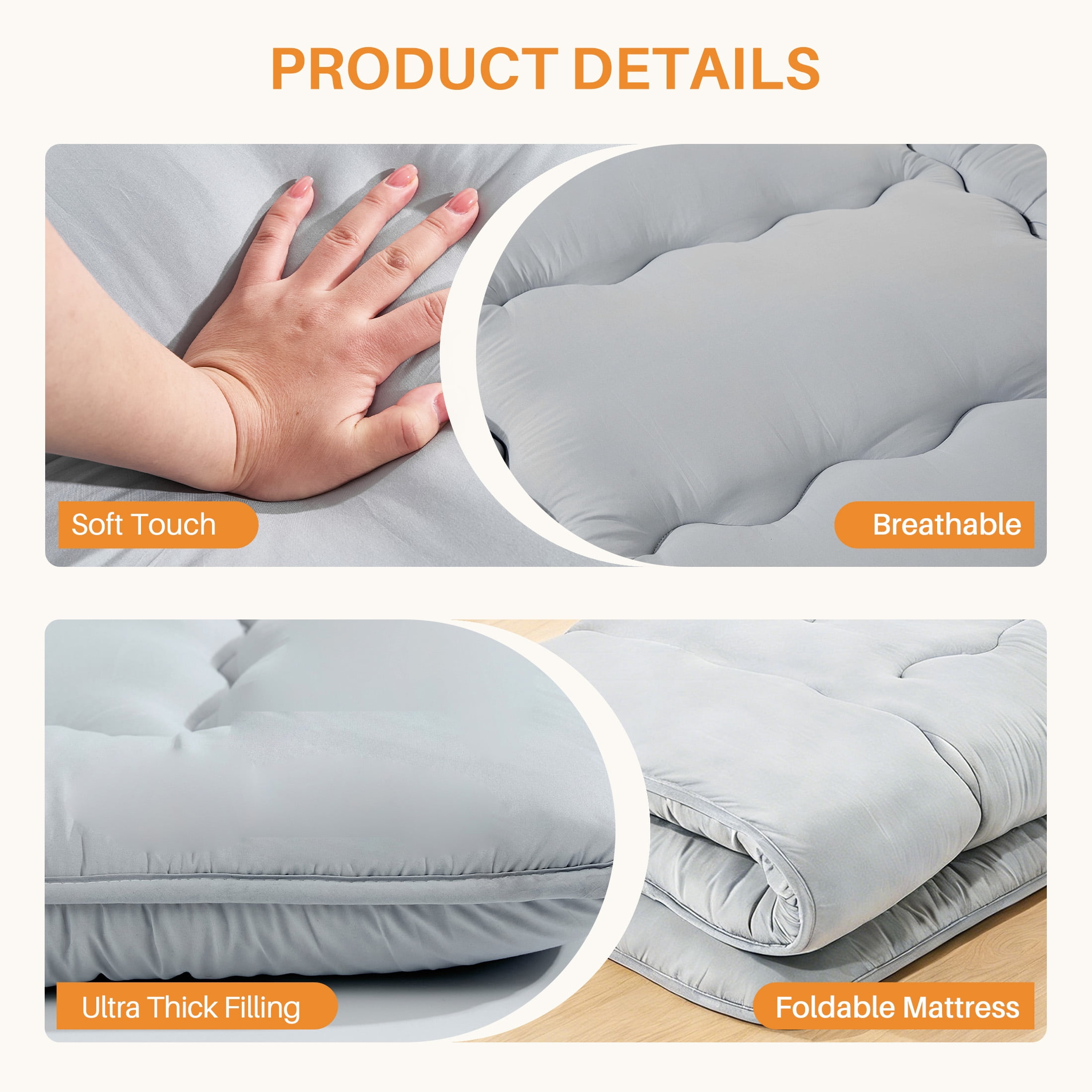 EDX Japanese Floor Futon Mattress Toppers, Foldable Tatami Mat, Thick Sleeping Mattress Pad with Storage Bag & Dust Cover, Gray, Full