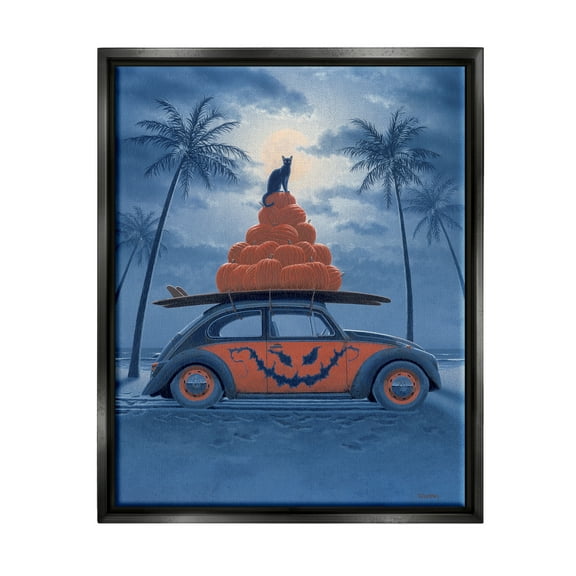 Stupell Industries Spooky Tropical Beach Pumpkin Car Holiday Painting Black Floater Framed Art Print Wall Art