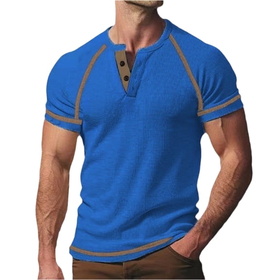 JoveMarine Men's Casual Color-Block Sports T-Shirt,Short Sleeve Henley Round Neck Top with Button Placket,Lightweight Breathable for Spring/Summer Gym Workout and Everyday Casual Wear Blue M