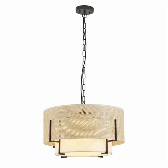 TICOZE 19.7 Inch Farmhouse Boho Ceiling Light Fixture, 4 Light Hand Woven Rattan Pendant Light with Fabric Shade for Dining Room Kitchen Bedroom Foyer Entryway Living Room, Rustic Drum Pendant Light