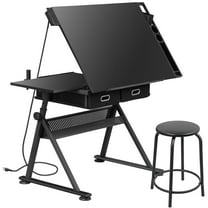 SuperDeal Drafting Table Wooden Drawing Desk Craft Station Artist W/ Stool and Charging Station Black