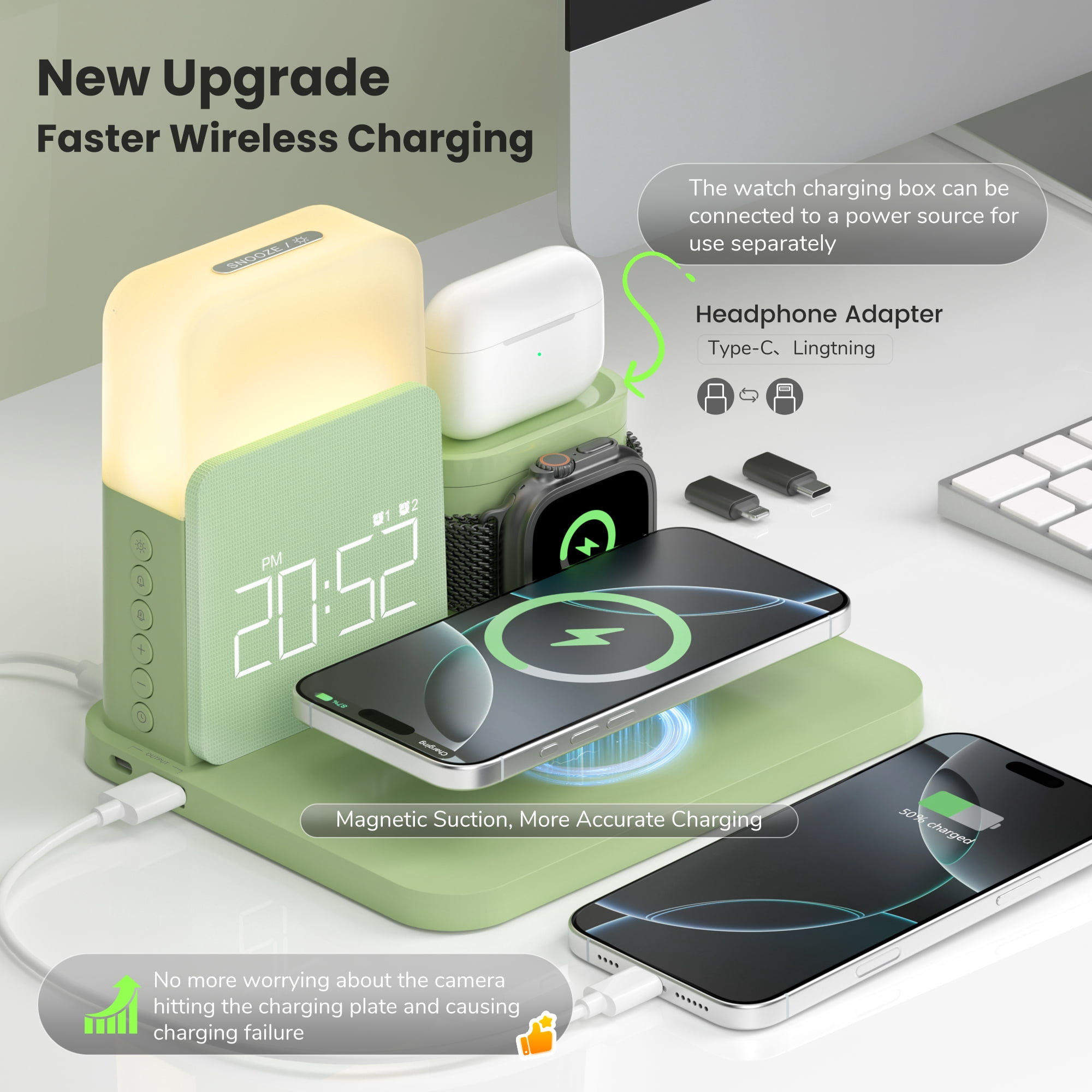 Wireless Charging Station 7 in 1 Compatible for iPhone 17/16/15/14/13/12 Pro Max, Apple Watch & AirPods with Alarm Clock, Night Light Green