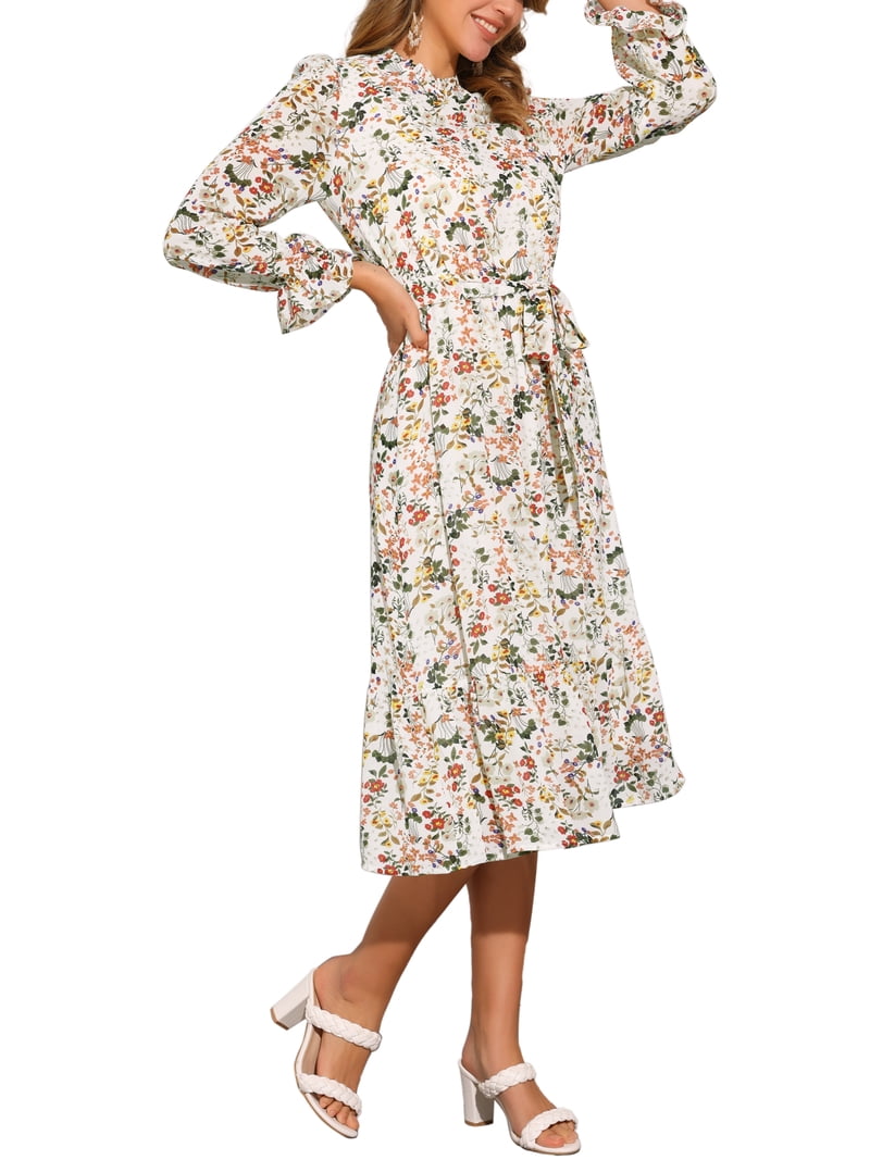 chic flowy chiffon midi dress Inspire Chic Women's Dress Floral Mock Neck Ruffle Long Sleeve Flowy Chiffon A-Line Midi Dresses White XS, Blue