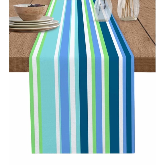 ERUNPONLY Teal Blue Stripe Table Runner - 70 Inch Long Modern Abstract Watercolor Geometric Cotton and Linen Blended Dress Scarves Farmhouse Table Runner for Kitchen Dining, Coffee Table, 13"x70"
