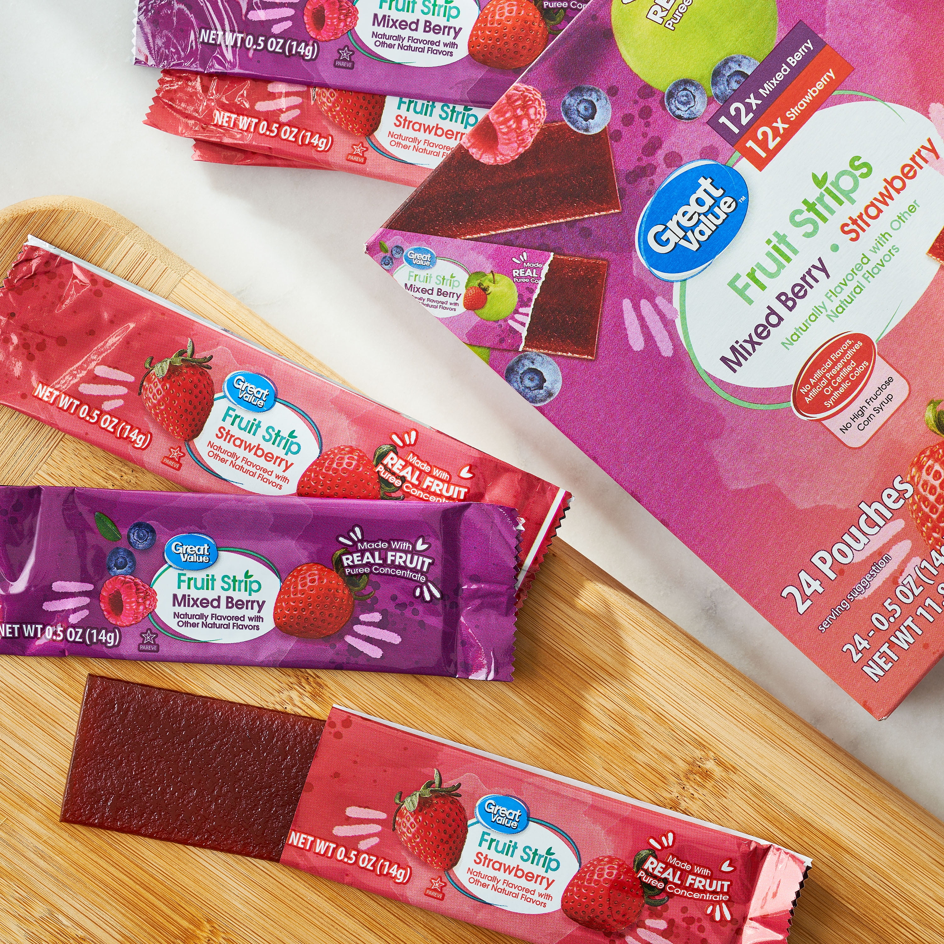 Great Value Fruit Strips, Mixed Berry and Strawberry, 0.5 oz, 24 Count