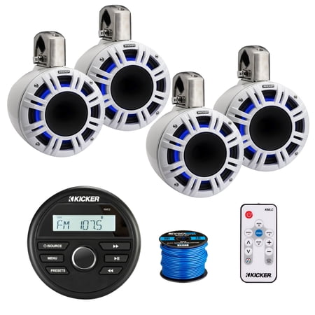 Kicker 46KMC2 Marine Gauge Style USB Bluetooth AM/FM Stereo Media Center Receiver 4x 8 500 Watt Peak Power Multicolor LED Horn-Loaded (HLCD) Tower Speakers (White) with LED Remote 50 Feet Wire
