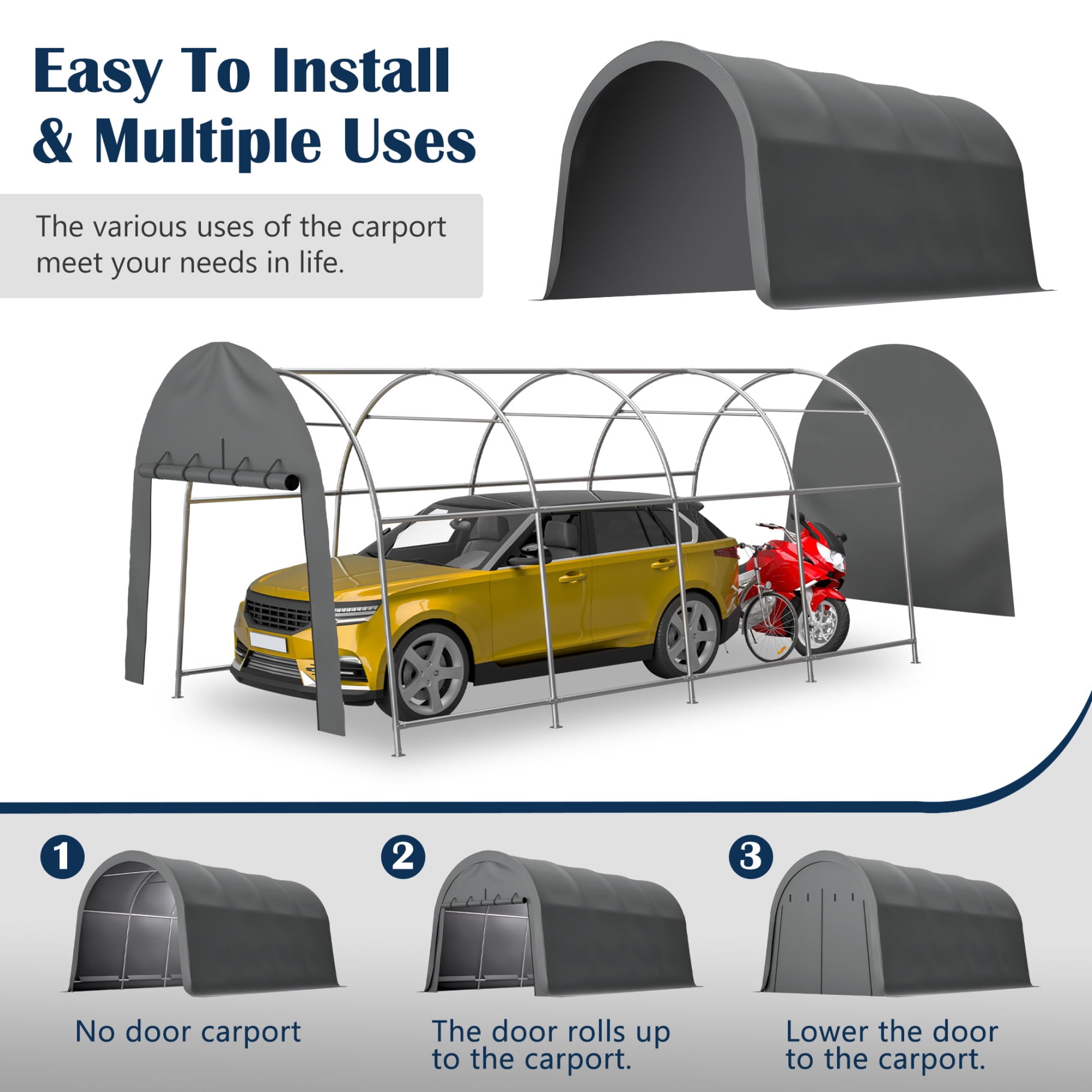 10x20 FT Heavy Duty Carport Canopy, Portable Car Tent Garage with Roll-Up Zipper Door and Mesh Vent Windows, All-Weather Storage Shelter Shed for Car, SUV, Motorcycle, Grey